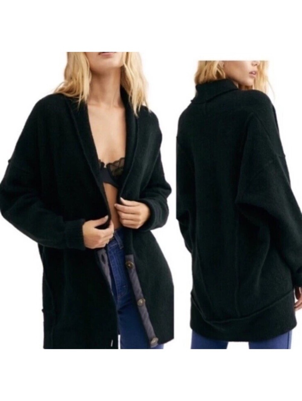 Free People Eucalyptus Wool Blend Slouchy Button Cardigan Sweater V Neck Black S